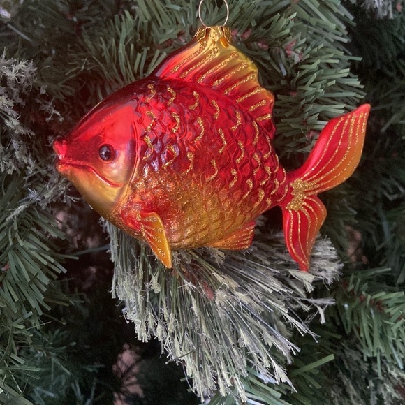 Tropical Fish Yellow Red Glass Glitter Christmas Holiday Ornament Decoration - Picture 7 of 10